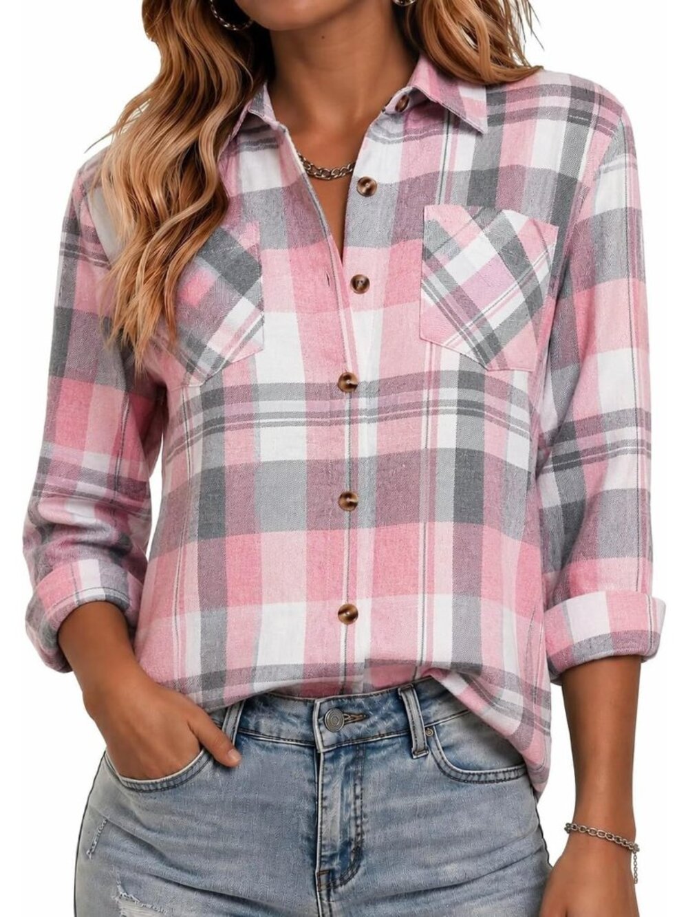 Women's Pink Plaid Long Sleeve Button Down Imported Tops Work Blouse